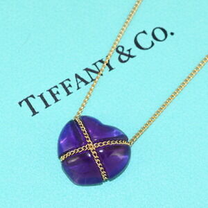 Tiffany Chain Cross Heart Pendant Necklace Amethyst Yellow Gold